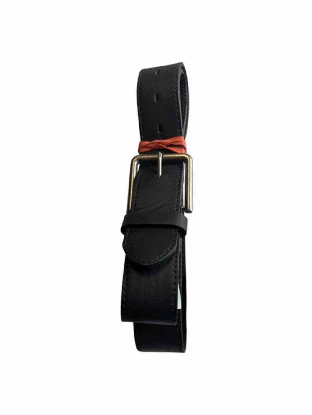 Source Unknown Black Leather Belt with Brass-Tone Buckle and Red Accent